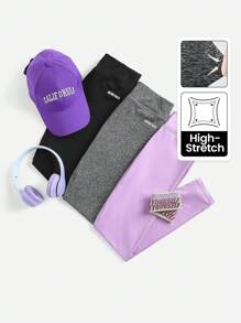 SHEIN Leap Crew 3pcs Tween Girls' Knitted Plain Letter & Printed Pattern Sports Leggings Set - Multicolor - View 1