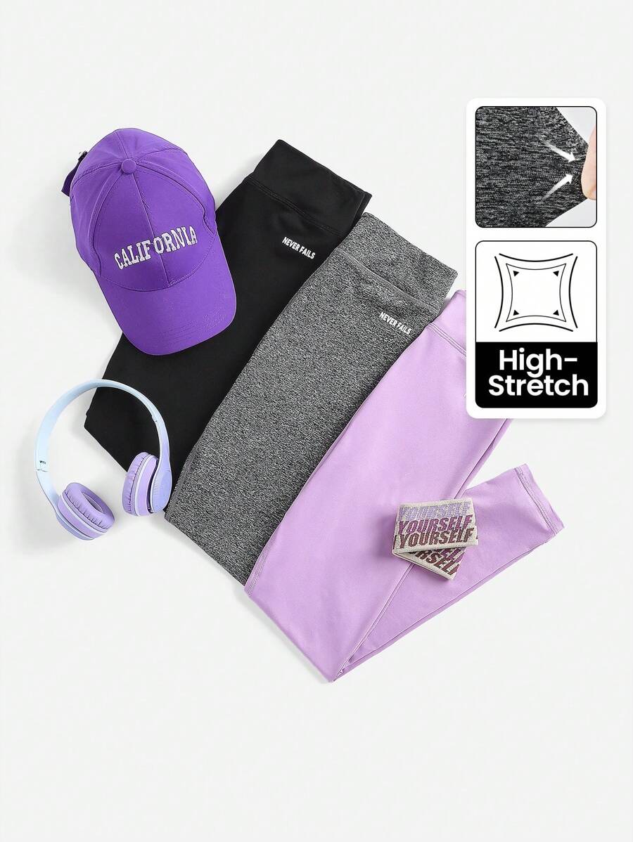 SHEIN Leap Crew 3pcs Tween Girls' Knitted Plain Letter & Printed Pattern Sports Leggings Set - Multicolor - View 1