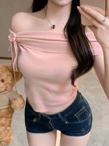 DAZY Women's Solid Color Elegant Off-Shoulder Knit Top - Pink - View 6