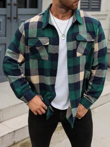 Manfinity Homme Men Fall Green Plaid Long Sleeve Contrast Color Shirt, Autumn & Winter - Multicolor - View 5