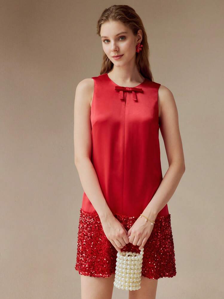 SOLID BOW DETAIL CONTRAST SEQUIN SHORT DRESS FOR NEW YEAR CLOTHES