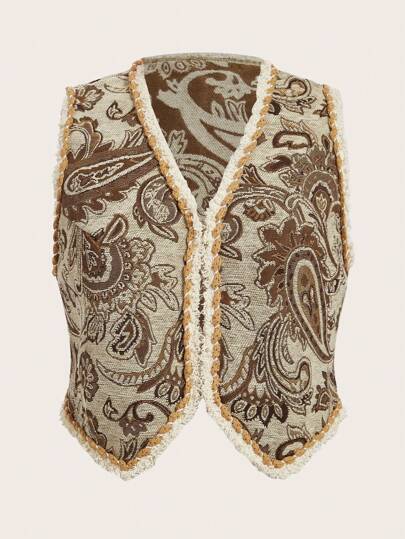 Flirla Chaleco de verano con estampado de paisley y flores, con flecos tejidos para mujeres de talla grande