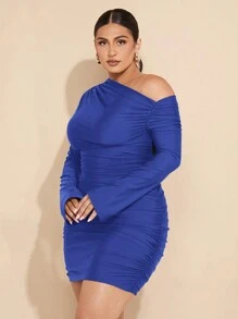 SHEIN BAE Plus Size Women Asymmetric Shoulder Long Sleeve Ruched Form-Fitting Mini Dress - Royal Blue - View 3