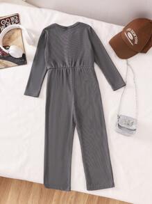 SHEIN Young Girls Casual Long Sleeve Letter Print Jumpsuit, Knit Stretchy Striped Wide Leg Pants, Fall/Winter Outfits - Grey - View 2