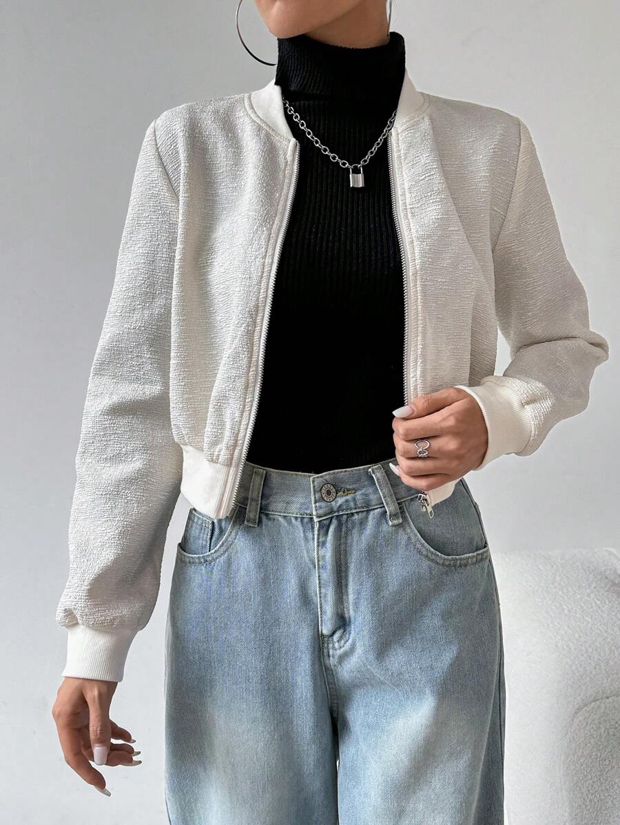 SHEIN EZwear Women's Textured Bomber Jacket Casual Spring Autumn Outwear - Apricot - View 1