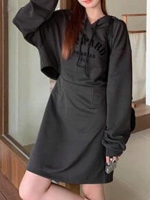 FRIFUL Women's Hooded Drawstring Long Sleeve Casual Loose Comfortable Long Dress