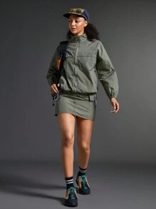 Exploreva 2 件套女士夏季休闲领口轻便宽松服装 - 绿色风衣夹克和裙子套装