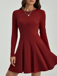 SHEIN Tall Solid Fit And Flare Short Dress - Burgundy - View 4