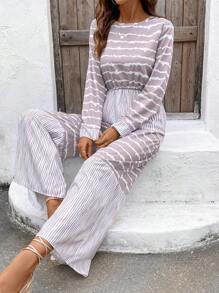 SHEIN LUNE Leisure Holiday Striped Patchwork Printed Round Neck Long Sleeve Jumpsuit Fall Cloth For Women - Multicolor - View 6