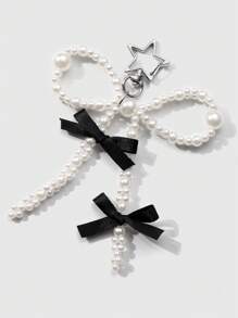 ROMWE Kawaii 1pc Minimalist Multi-Purpose Handmade Faux Pearl & Ribbon Bow Star Keychain/Bag Charm, Suitable For Women & Girls, Daily Wear Or Gift Valentines