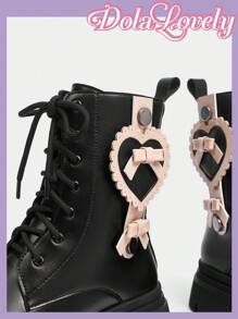 Dola Lovely 女士时尚优雅休闲圆头黑色系带侧拉链性感心形蝴蝶结经典英伦风厚底踝靴 - 黑色 - 查看 8