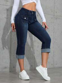 SHEIN EZwear Quần Capri denim Cargo thường ngày cho nữ có gấu quần bo gấu - Rửa tối - Xem 4