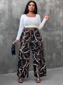 Maweii Pantalones anchos de moda sueltos con decoración de cadena metálica en la cintura, para mujer de talla grande - Negro - Ver 7