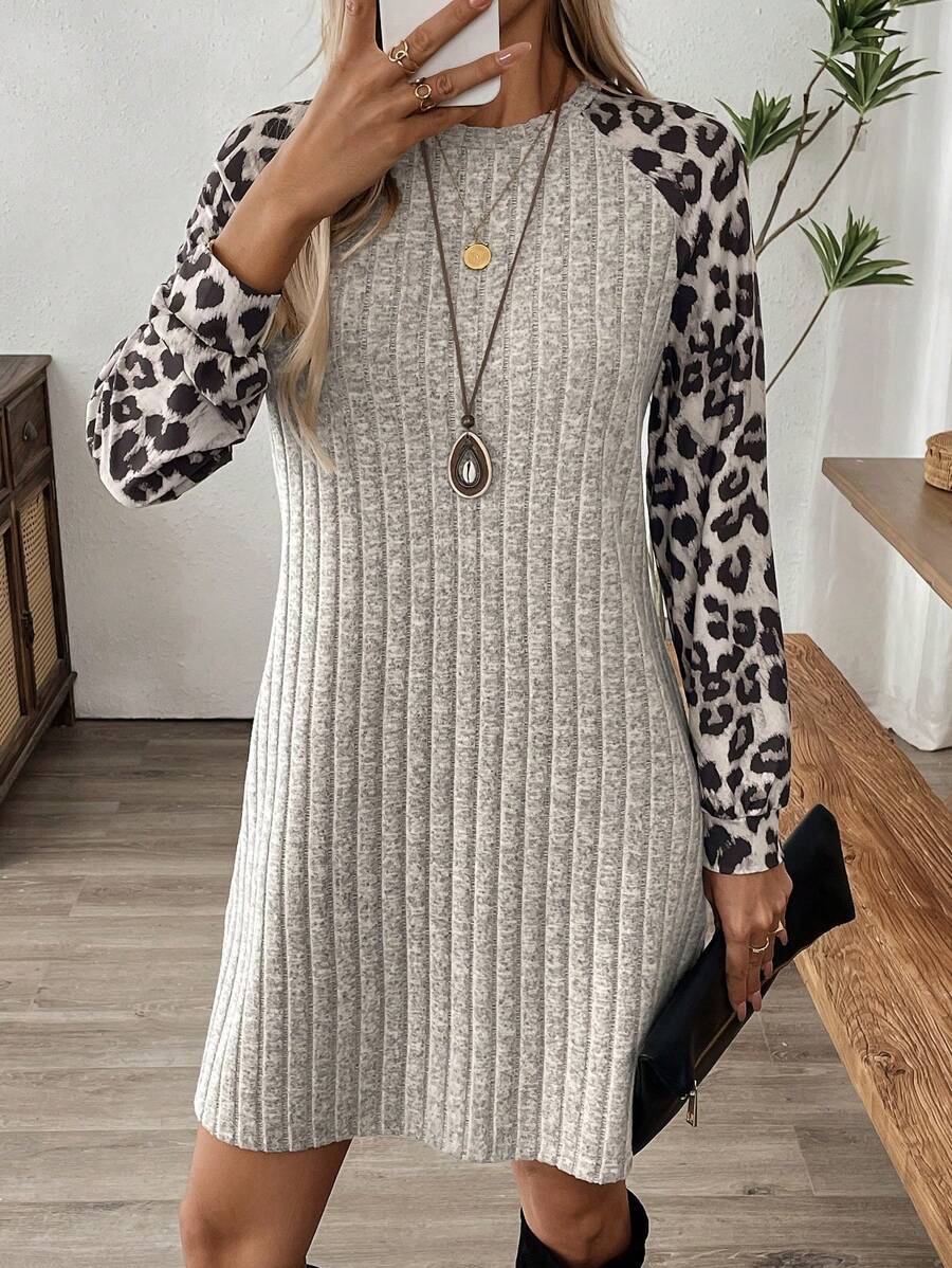 EMERY ROSE Women's Crew Neck Long Sleeve Fashionable Leopard Print & Floral Splice Raglan Sleeve Dress - Black - View 1