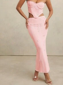 L'Amorae 3D Flower Embellishment Bodycon Maxi Skirt - Pink - View 1
