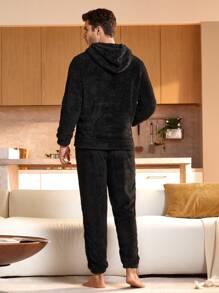 Men's Letter Printed Drawstring Hooded Fleece Top And Pants Loungewear Set, Fall/Winter Clothes, Fluffy Pajama - Black - View 2