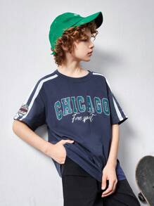 SHEIN Camiseta de punto para niño preadolescente con cuello redondo en bloques de colores y mangas cortas con patrón impreso de letras - Multicolor - Ver 6