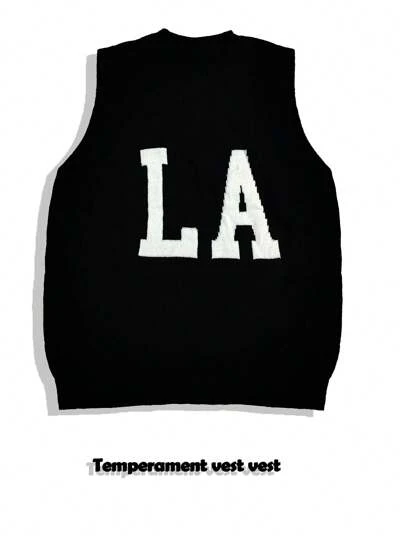Manfinity CasualKnits Men's Casual Letter Pattern Knit Sweater Vest, Spring Autumn