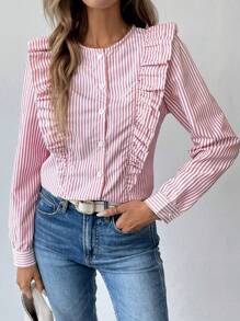 SHEIN ChicEase Áo sơ mi sọc hoa xếp nếp tay dài cài nút phía trước dành cho nữ, mặc thường ngày - Hồng - Xem 5