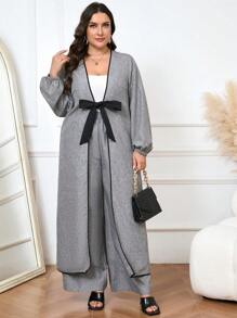 Modelyn 大码女式春秋季蝴蝶结装饰长袖夹克和裤子休闲两件套 - 灰色 - 查看 1