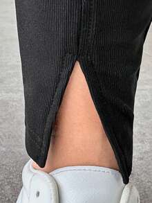 SHEIN 孕妇可调节腰部字母拼接开衩下摆紧身裤，秋冬装，教师裤，长裤 - 黑色 - 查看 7