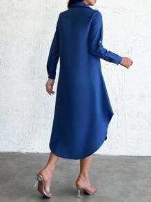SHEIN Tall Cotton Solid Pocket And Sleeve Folding Detail Contrast Button Shirt Dress - Blue - View 2