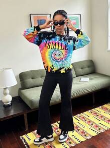 SHEIN 2 peças adolescentes meninas casual tie-dye streetwear simples EUA gráfico moletom e calças de bicicleta conjunto