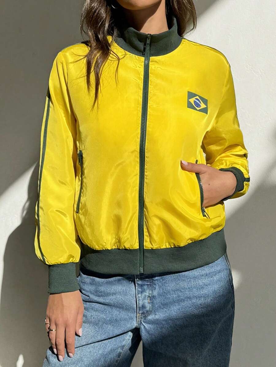SHEIN Muchic Áo khoác dài tay màu tương phản hình quốc kỳ Brazil dành cho nữ - Màu vàng - Xem 1