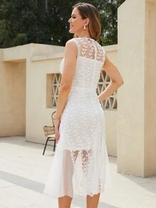 Vestido De Encaje De Color Sólido Con Cuello Redondo, Sin Mangas Y Ajustado A La Cintura - Blanco - Ver 2