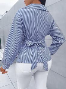 SOLERSUN Women's Striped Print Button Front Shirt,Asymmetrical Hem ,Batwing Sleeve,Wrap Blouse,Fall Outfits,Long Sleeve,Winter Clothing,Elegant,Daily Commuting,Going Our,Casual,Long Sleeve Tops