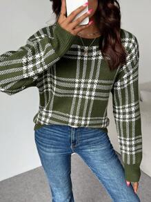 Chiquease 1 件休闲落肩格子毛衣，秋冬 - 軍綠色 - 查看 5