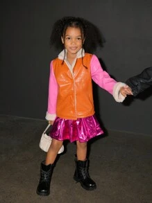 SHEIN Explorewe Y2K 风格甜美时尚女孩保暖内衬短夹克，橙色和粉色拼布设计，适合冬季、街头、派对、宴会和防风