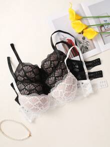 3pcs/Set Lace Padded Women's Bra Set, Lingerie - Black and White - View 1