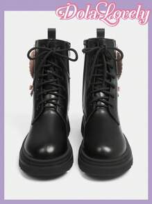 Dola Lovely 女士时尚优雅休闲圆头黑色系带侧拉链性感心形蝴蝶结经典英伦风厚底踝靴 - 黑色 - 查看 9