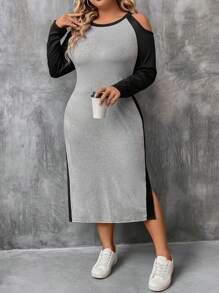 SHEIN LUNE فستان كاجوال كتف مفتوح مع شق جانبي ، مقاس كبير ، ربيع وخريف