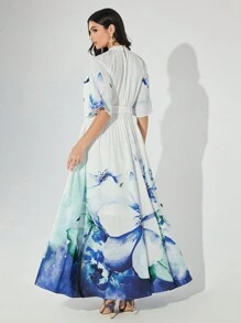 Modelyn فستان سهرة طويل بنقشة زهور مطبوعة، بسيط للاستعمال اليومي، مزين بحزام عربي - متعدد الألوان - مشاهدة 2