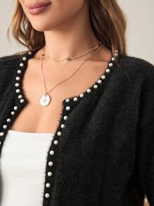 SHEIN Maternity Plain Long Sleeve Knit Sweater With Button & Beaded Trim For Pregnant Women, Autumn Winter