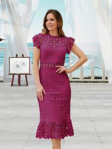 Vestido midi elegante de unicolor con cuello redondo, manga corta y bajo con volantes, vestido de fiesta, vestido de gala, vestido formal, vestido de invitada de boda