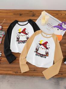 2pcs Girls Casual Raglan Sleeve Colorblock Tee, Halloween Ghost Cartoon Print - Multicolor - View 1