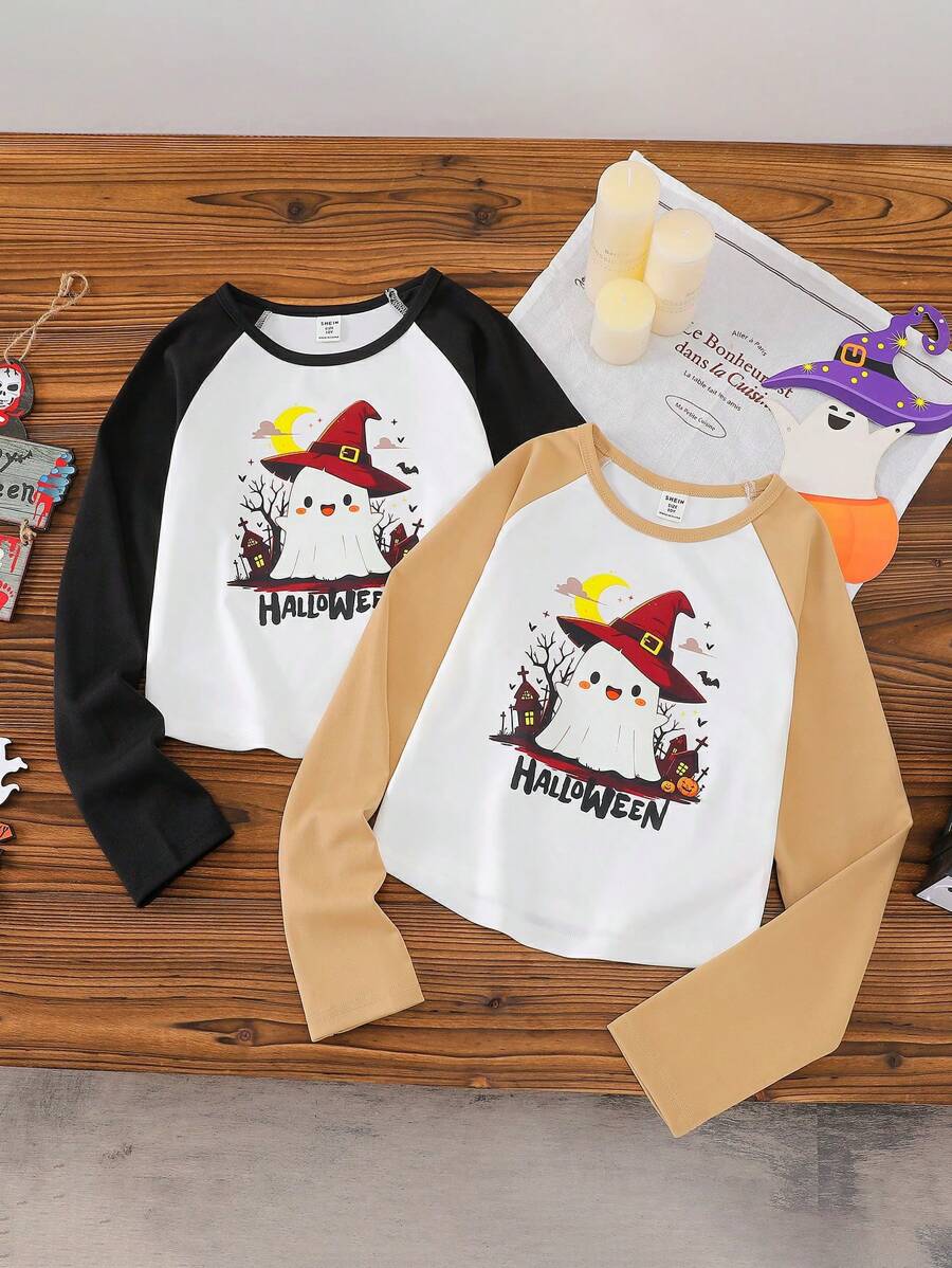 2pcs Girls Casual Raglan Sleeve Colorblock Tee, Halloween Ghost Cartoon Print - Multicolor - View 1