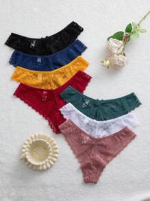 SHEIN 7 件套优雅蕾丝蝴蝶结装饰三角裤，多色内衣 - 彩色 - 查看 2
