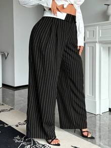 SHEIN SXY 大码女式条纹撞色腰带宽松休闲阔腿裤 - 紅白色 - 查看 4