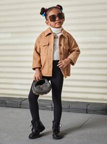 SHEIN Mantel Wol Polos Kasual Longgar untuk Anak Perempuan dengan Kerah Lipat - Khaki - View 4