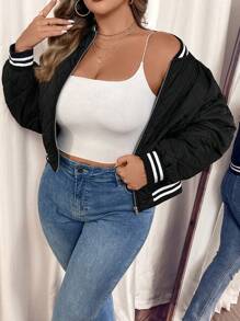 SHEIN VCAY Manteau matelassé casual à col montant, manches longues, rayé, grande taille, pour femme, en hiver