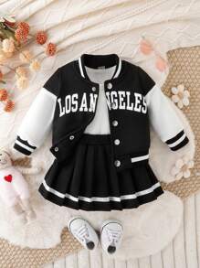 SHEIN 2 件装女婴字母印花长袖休闲棒球夹克和百褶裙套装，春季/秋季 - 黑色 - 查看 1