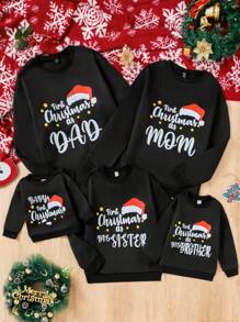 1 pieza Sudadera de manga larga con estampado negra para niñas preadolescentes, para otoño/invierno, para Navidad