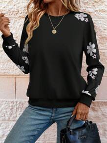 SHEIN LUNE Gray Floral Printed Raglan Sleeve Sweatshirt, Casual Autumn Pullover Fall - Black - View 5