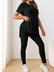 SHEIN Conjunto de 2 piezas de camiseta de manga corta con cuello redondo y abertura lateral y pantalones sueltos con cintura ajustable para maternidad - Negro - Ver 2