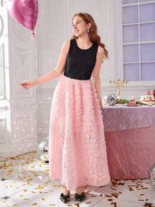 SHEIN Vestido de fiesta sin mangas de cintura alta con parches de encaje y decoración floral, adecuado para Halloween, Navidad, Pascua y otras festividades, para adolescentes - Multicolor - Ver 3
