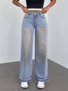 SHEIN ICON Jeans droits ample pour femmes avec poches, décontracté et polyvalent grunge - Jean bleu - Voir 4
